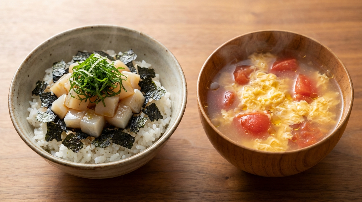 いかの青じそわさびじょうゆのっけごはんと、トマトと卵の中華スープ