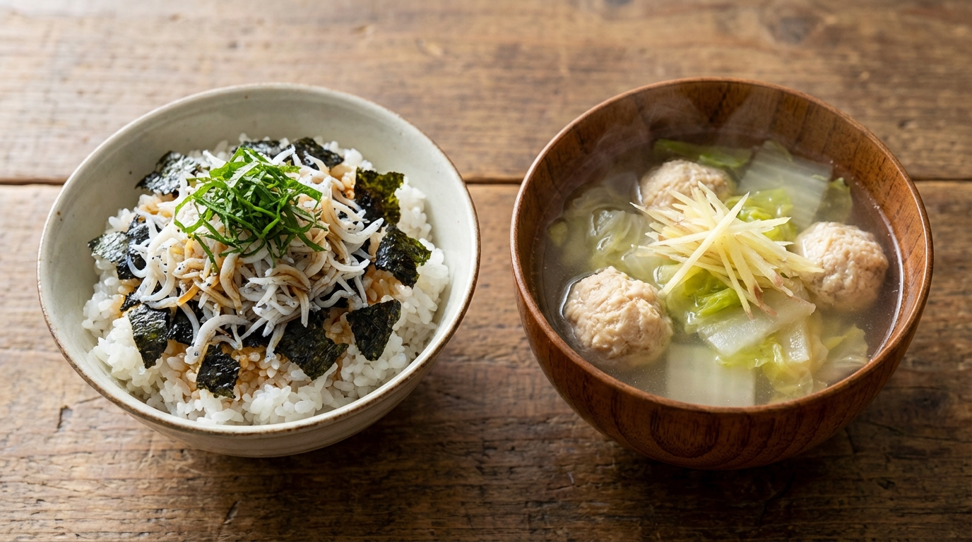 しらすと青じその磯香るポン酢のっけごはんと、鶏だんごと白菜のしょうが塩スープ
