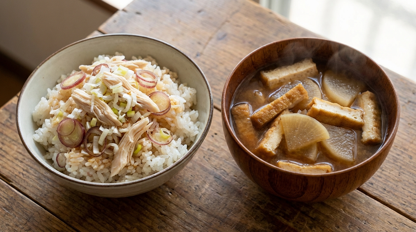 鶏ささみとみょうがの香味混ぜごはんと、厚揚げと大根の具だくさんみそ汁