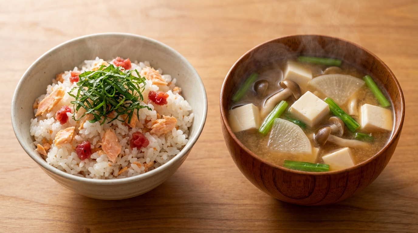 鮭フレークとカリカリ梅の彩り混ぜごはんと、豆腐と大根の具だくさんみそ汁