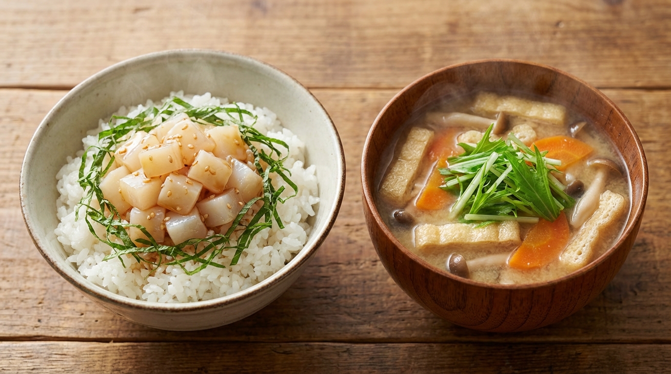 いかの大葉香るごま油のっけごはんと、油揚げとにんじんの具だくさんみそ汁