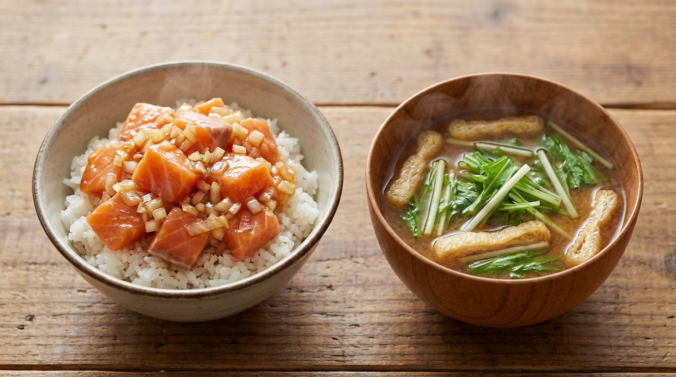 サーモンのレモンしょうゆのっけごはんと、油揚げと水菜のシャキシャキみそ汁