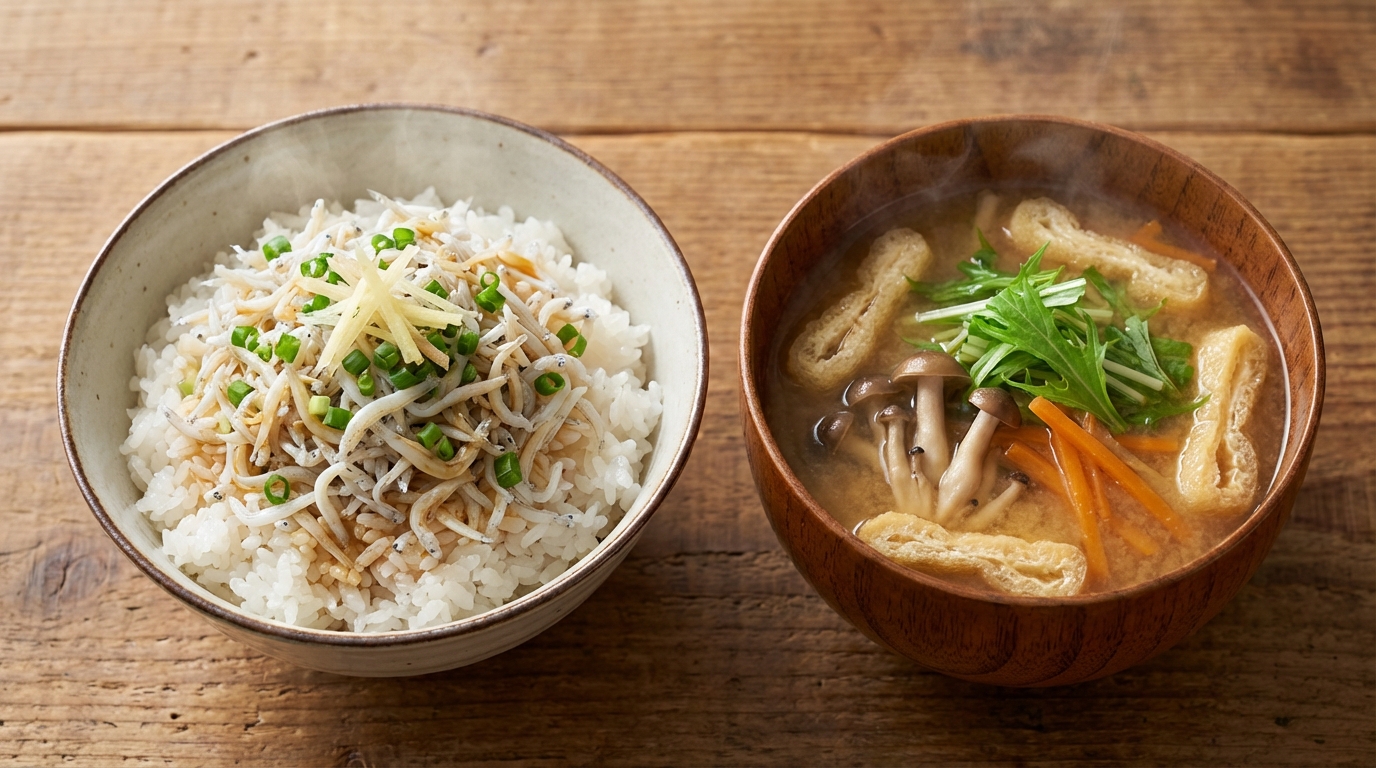 しらすと万能ねぎのしょうがじょうゆごはんと、油揚げとしめじの彩りみそ汁