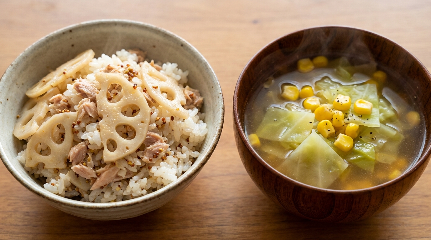 れんこんとツナの粒マスタード混ぜごはんと、キャベツとコーンのスープ
