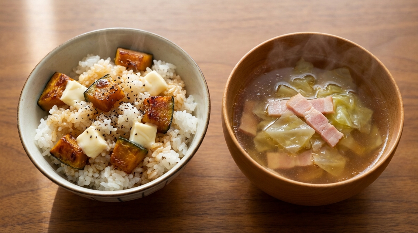 焼きかぼちゃとクリームチーズの混ぜごはんと、ベーコンとキャベツの和風コンソメスープ