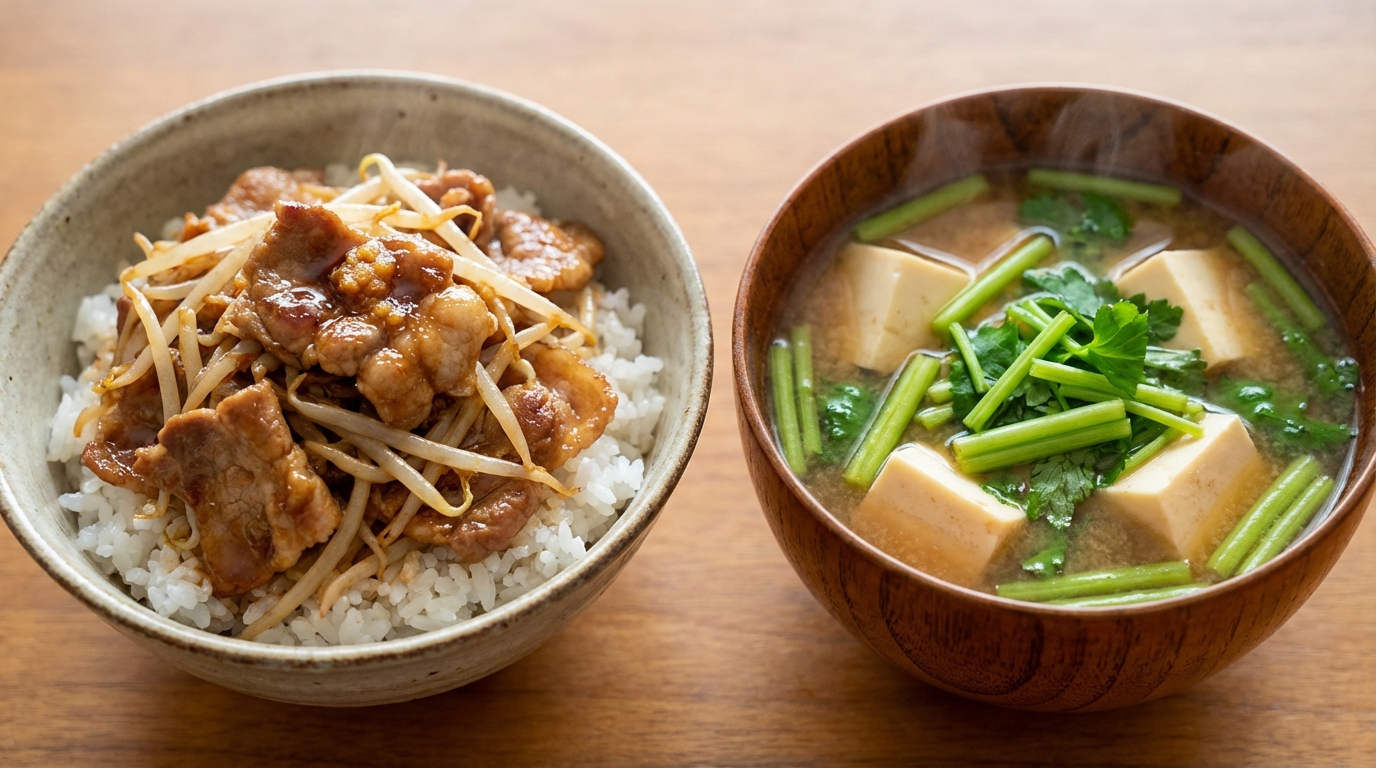 しょうが香る豚もやしのっけごはんと、豆腐とせりの具だくさんみそ汁