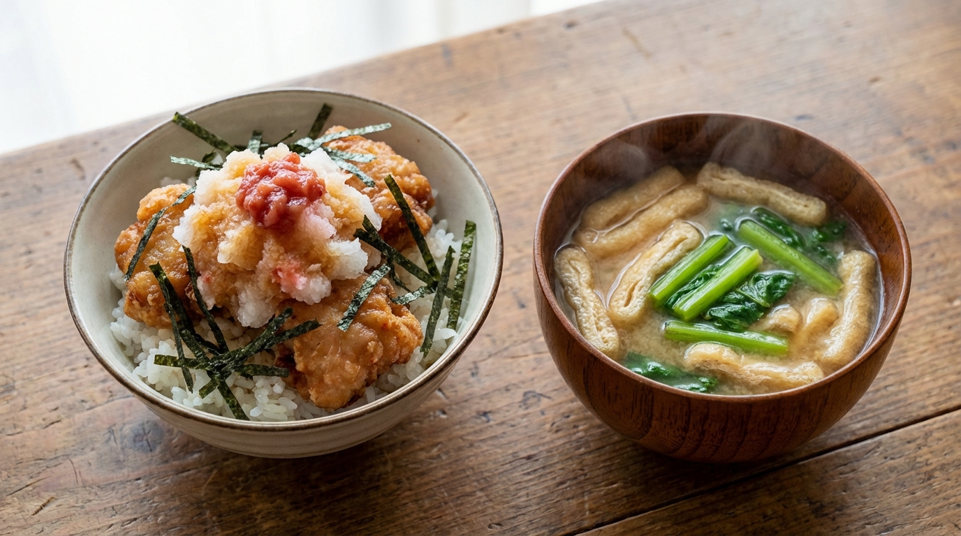 冷凍唐揚げの梅おろしのっけごはんと、油揚げと小松菜の具だくさんみそ汁