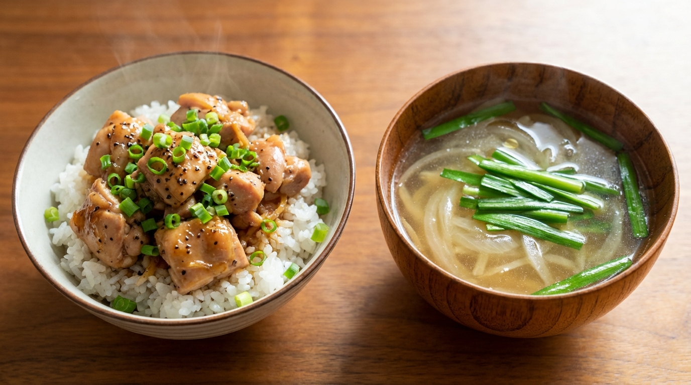 鶏もも肉の黒こしょう生姜じょうゆのっけごはんと、にらと玉ねぎの鶏だしスープ