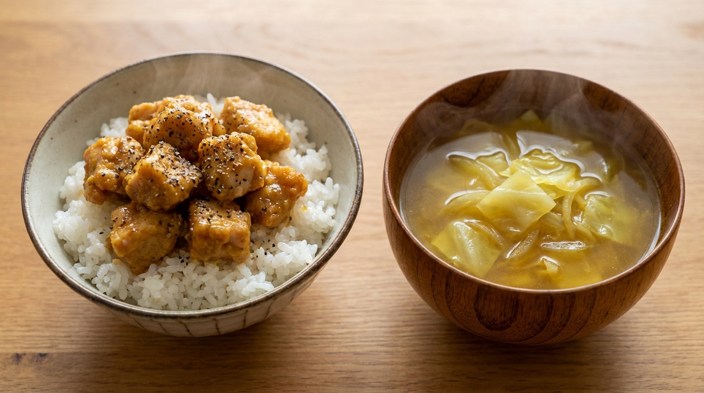 冷凍唐揚げのカレーしょうゆのっけごはんと、キャベツと玉ねぎのカレースープ