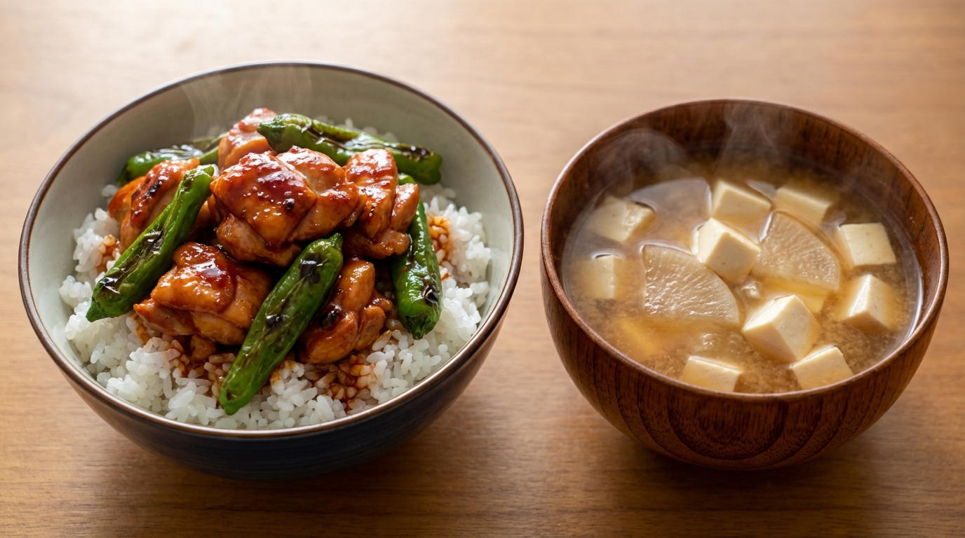 鶏もも肉とししとうの旨辛コチュジャンごはんと、豆腐と大根の具だくさんみそ汁