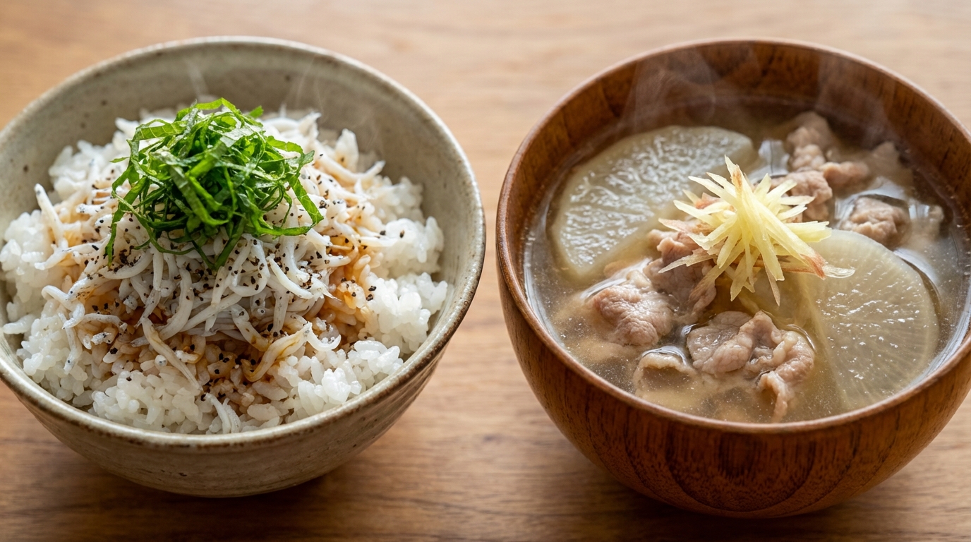 しらすと青じその黒こしょうポン酢のっけごはんと、豚肉と大根のしょうがスープ