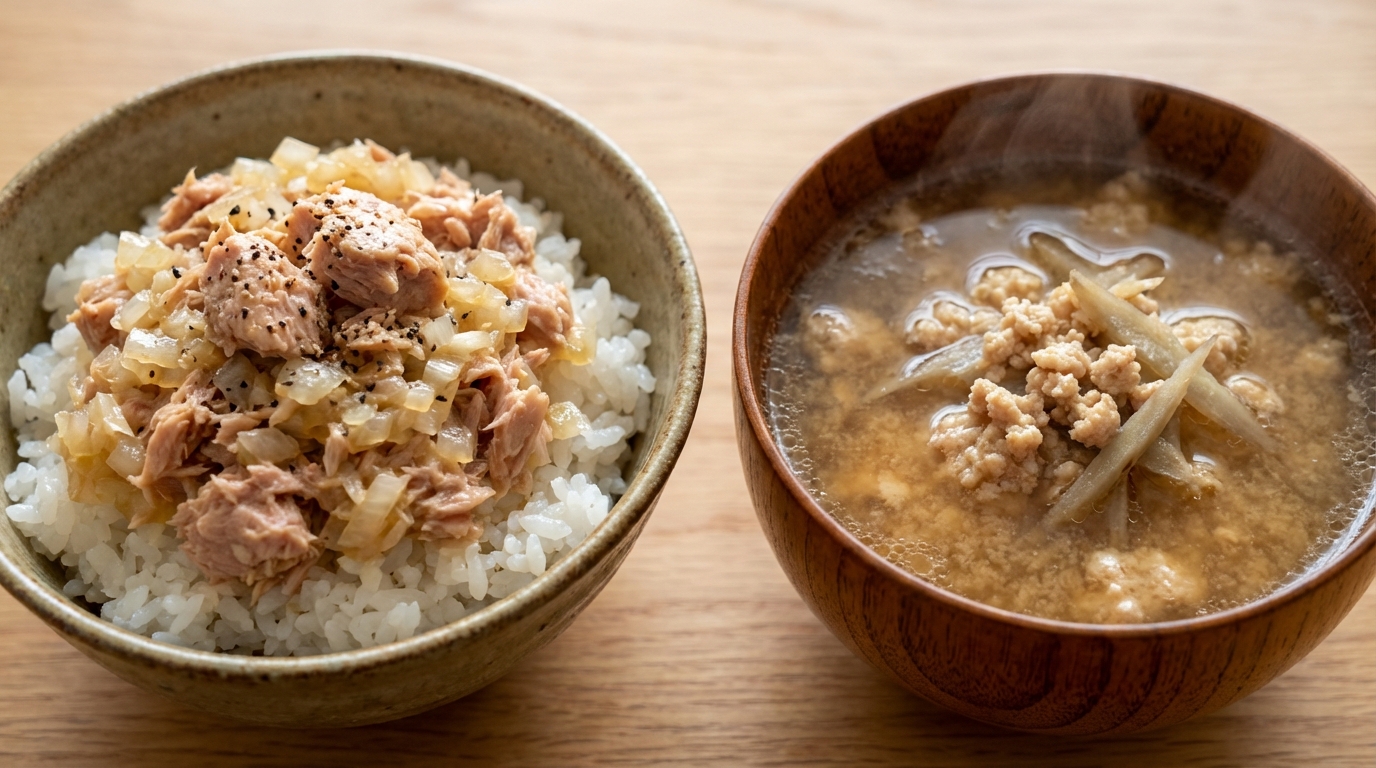 ツナと玉ねぎのレモンしょうゆのっけごはんと、鶏ひき肉とごぼうの旨みみそ汁