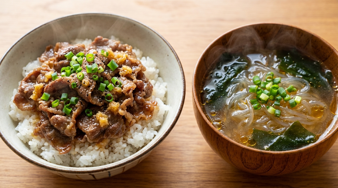 牛こま肉の生姜じょうゆのっけごはんと、春雨とわかめの中華スープ