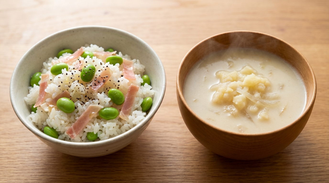 枝豆と生ハムのレモン混ぜごはんと、じゃがいものポタージュ