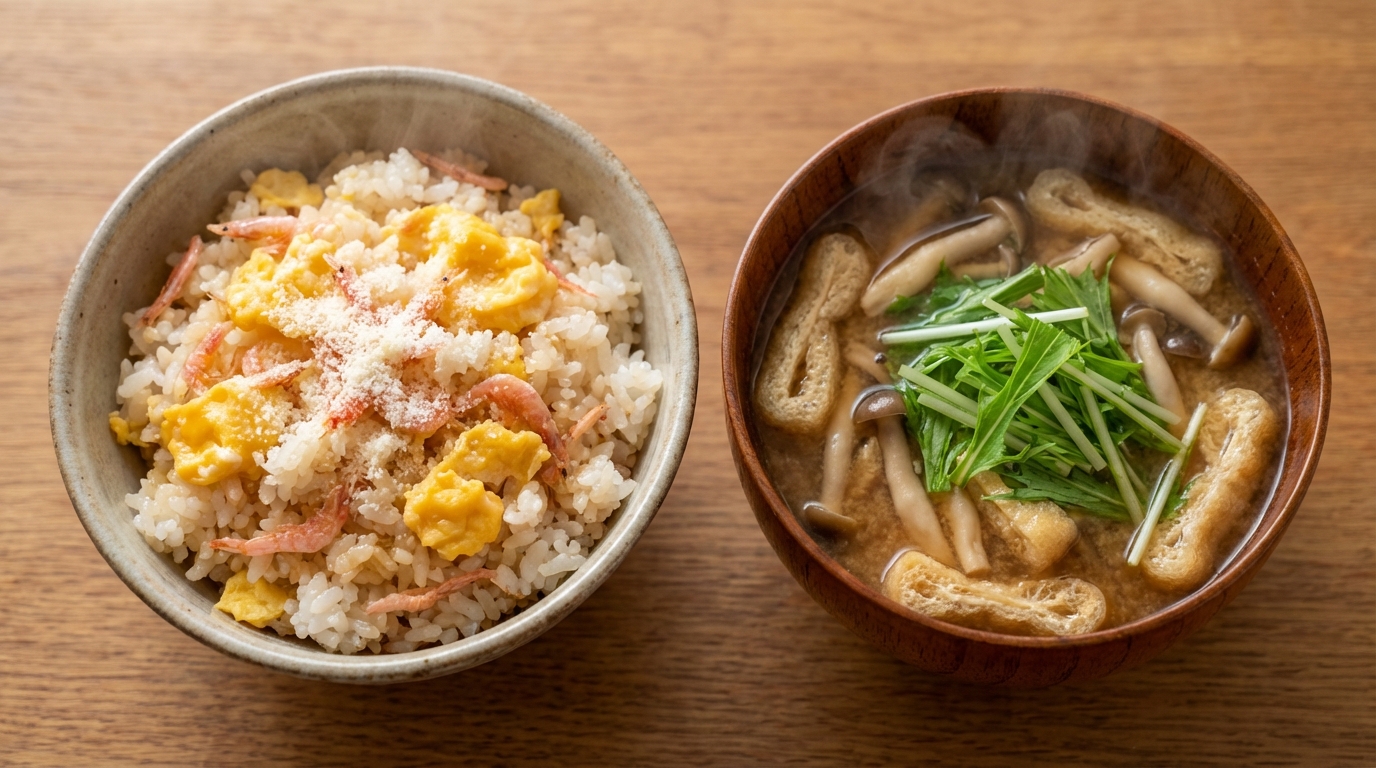 桜えびとチーズの香ばし卵混ぜごはんと、油揚げとしめじの具だくさんみそ汁