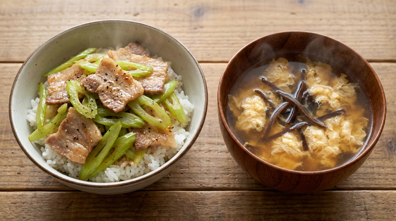 セロリと豚しゃぶの塩レモンのっけごはんと、きくらげと卵の中華風スープ