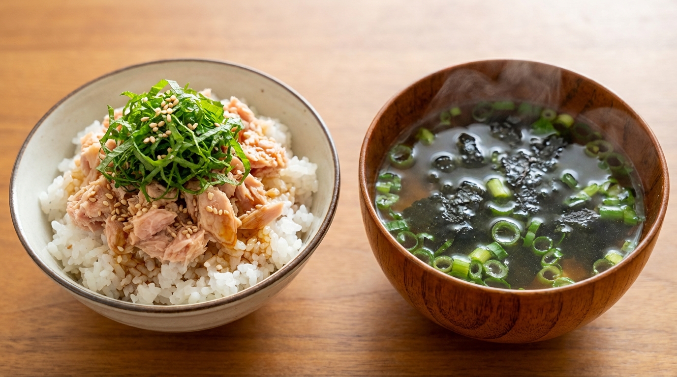 ツナと青じそのさっぱりポン酢のっけごはんと、焼きのりとねぎの磯香るすまし汁