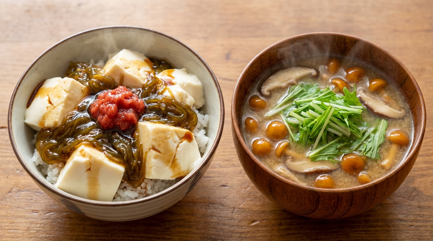 豆腐めかぶ梅のっけごはんと、しいたけとなめこの具だくさんみそ汁