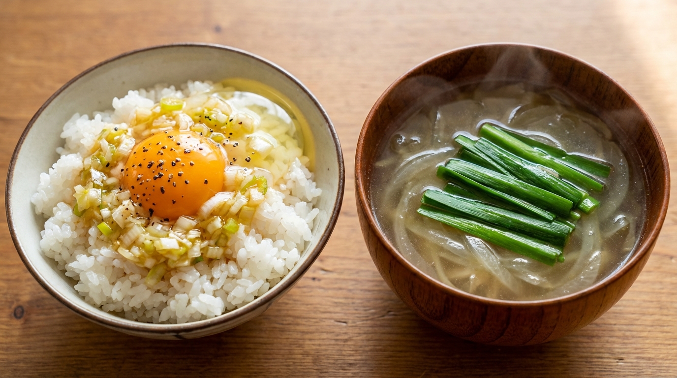 ねぎ塩黒こしょう卵かけごはんと、にらと玉ねぎの鶏だしスープ