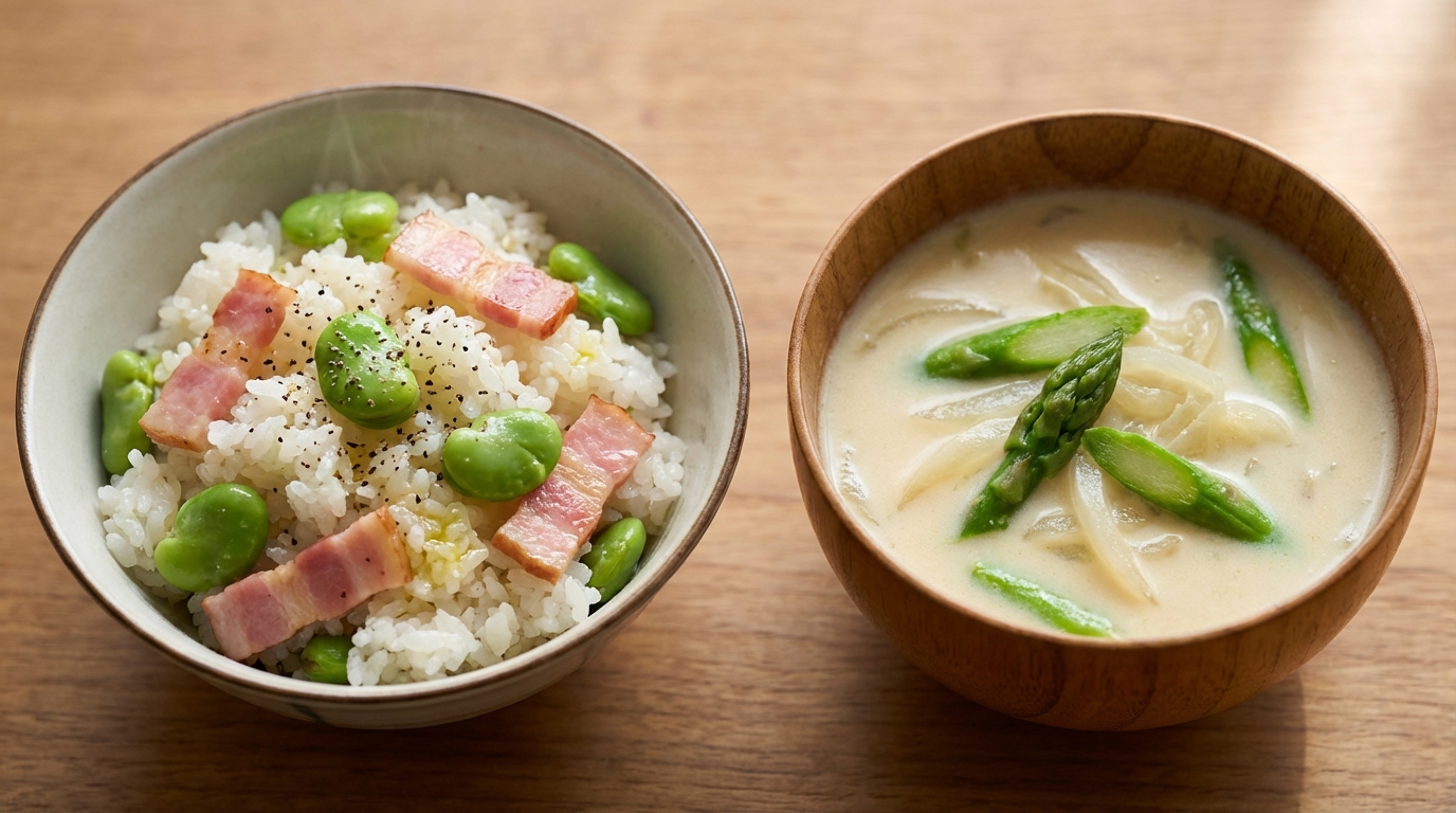 そら豆とベーコンの洋風混ぜごはんと、アスパラガスのクリーミーなミルクスープ