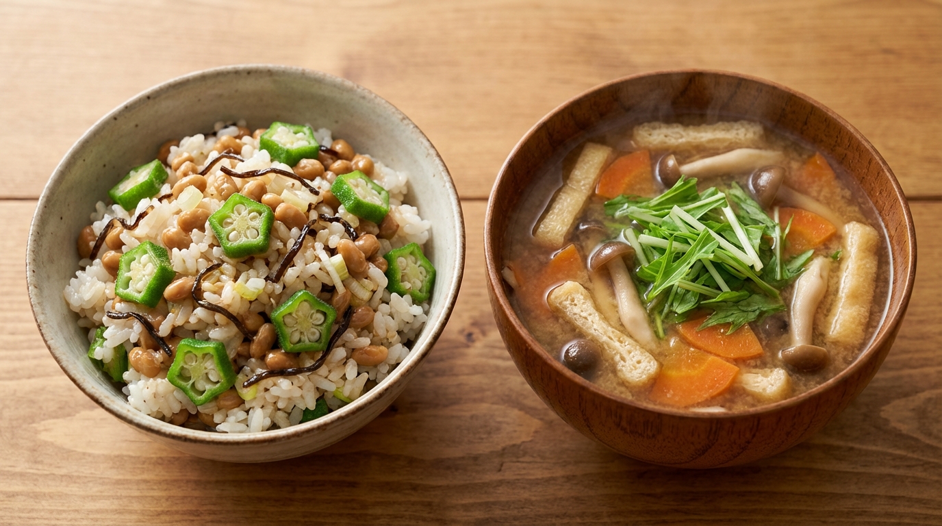 納豆とオクラのねぎ塩昆布混ぜごはんと、にんじんとしめじの具だくさんみそ汁