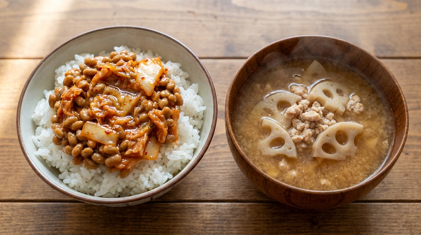 旨辛納豆キムチのごま油のっけごはんと、鶏ひき肉とれんこんの具だくさんみそ汁