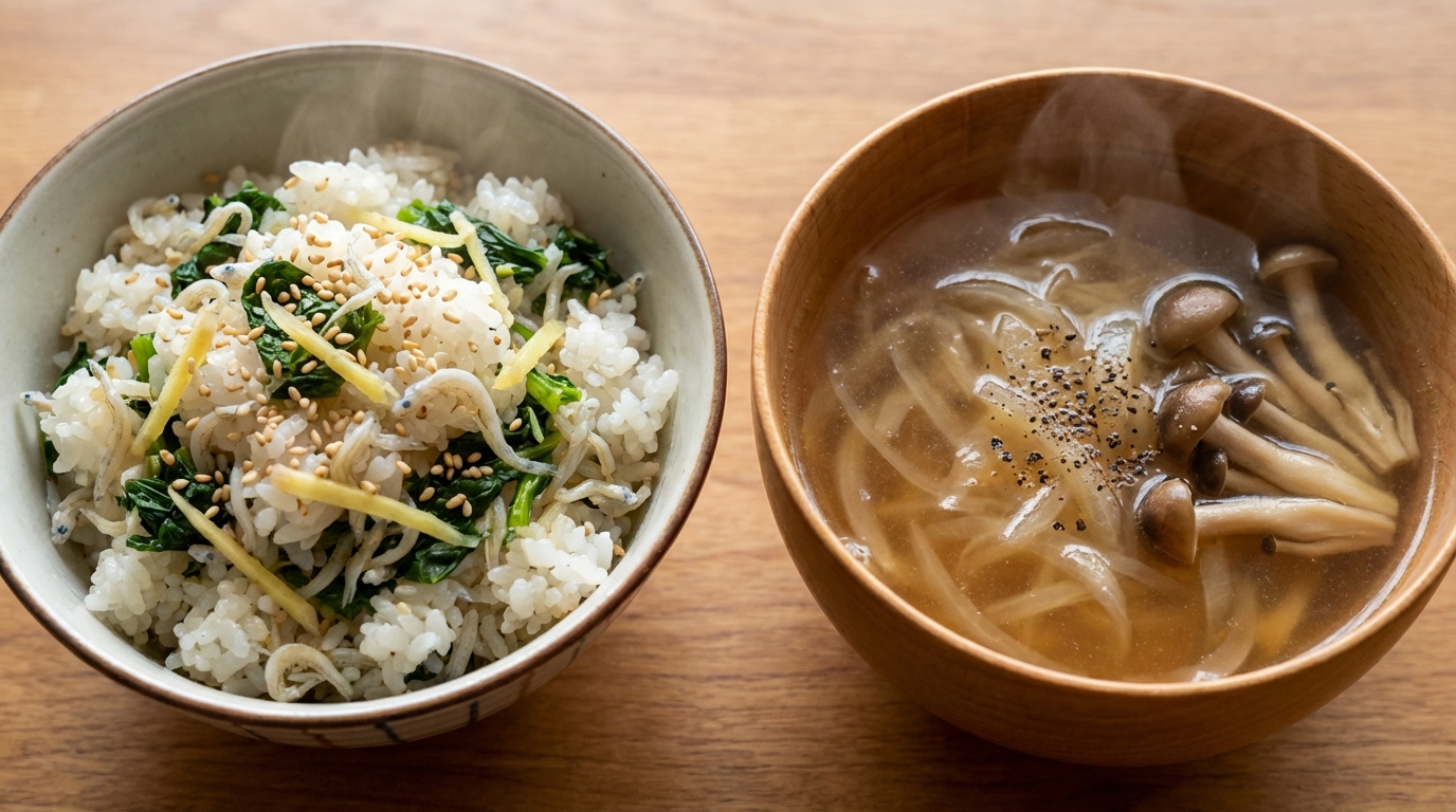 しらすと大根葉のしょうが醤油混ぜごはんと、玉ねぎとしめじのコンソメスープ