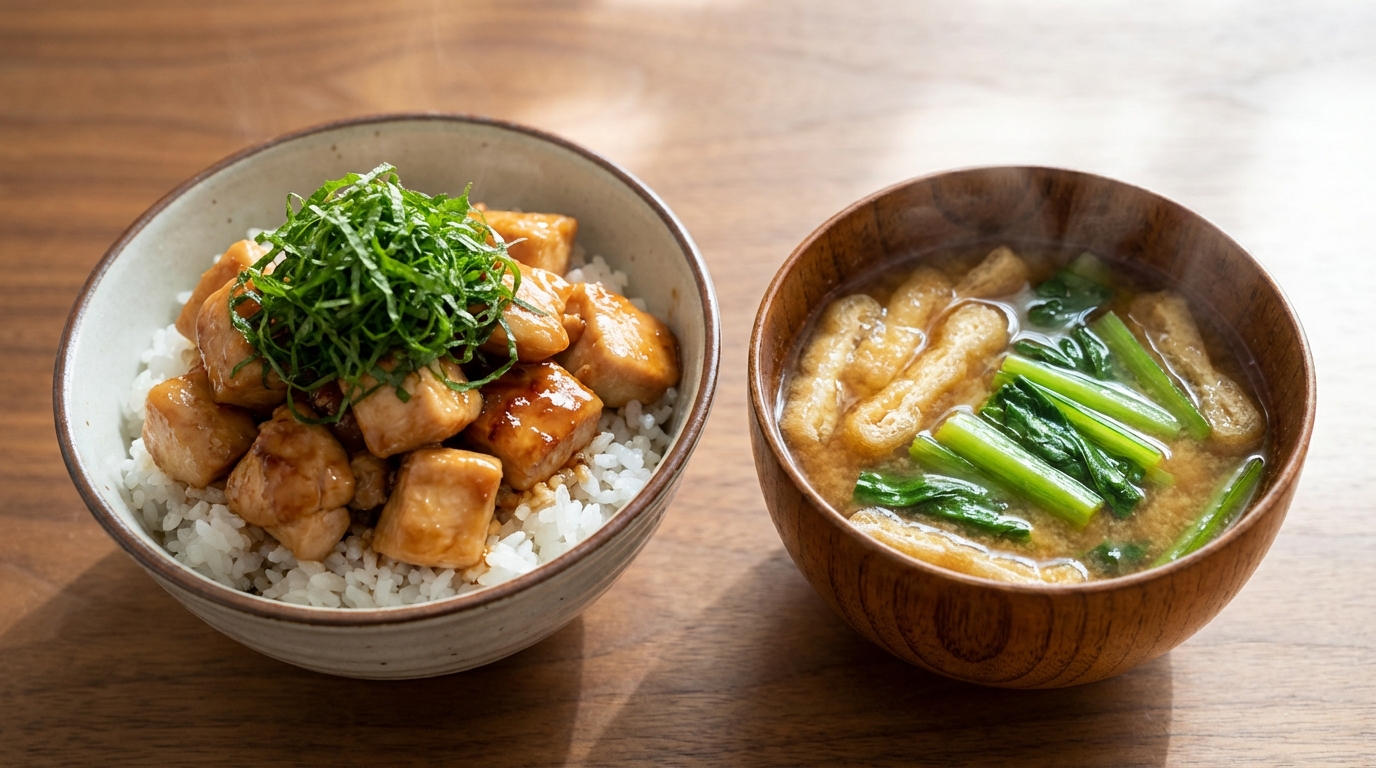 鶏むね肉のレモンしょうゆのっけごはんと、油揚げと小松菜の具だくさんみそ汁
