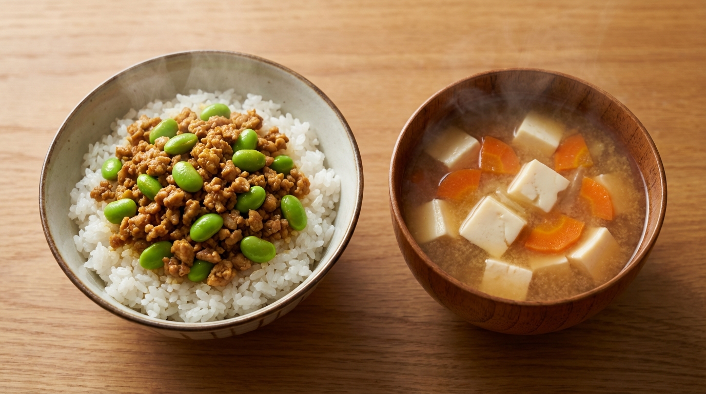 鶏ひき肉と枝豆のカレーのっけごはんと、豆腐とにんじんの具だくさんみそ汁