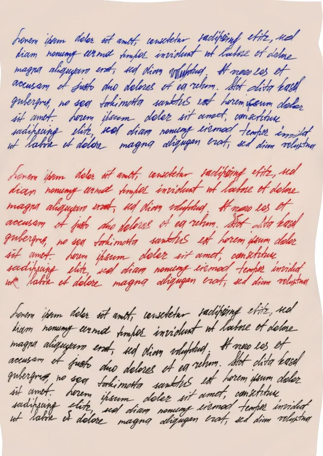 The same letter reassembled into a single complete page with three paragraphs in blue, red and black ink