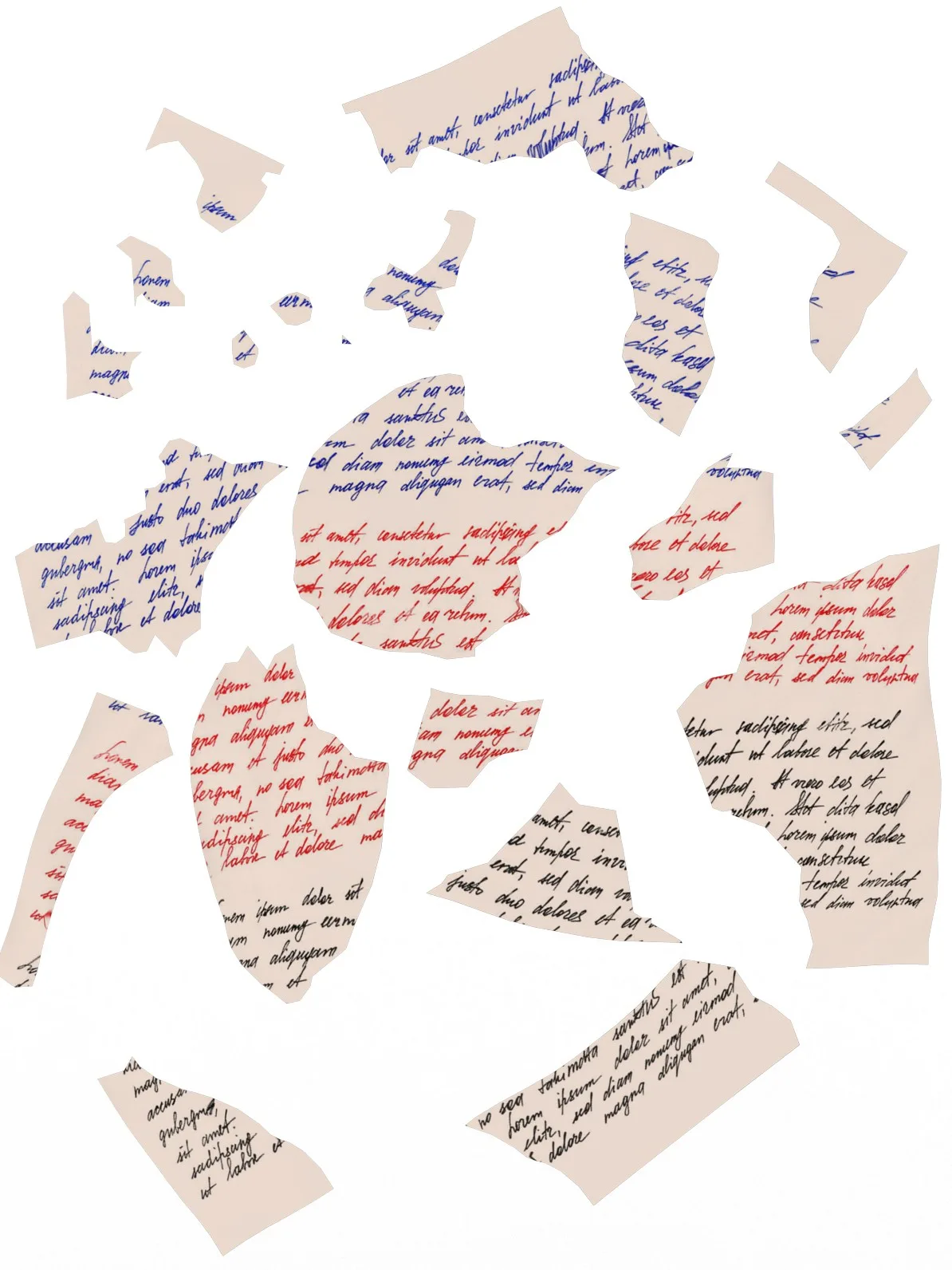 Dozens of torn fragments of a handwritten letter in blue, red and black ink scattered on a white background