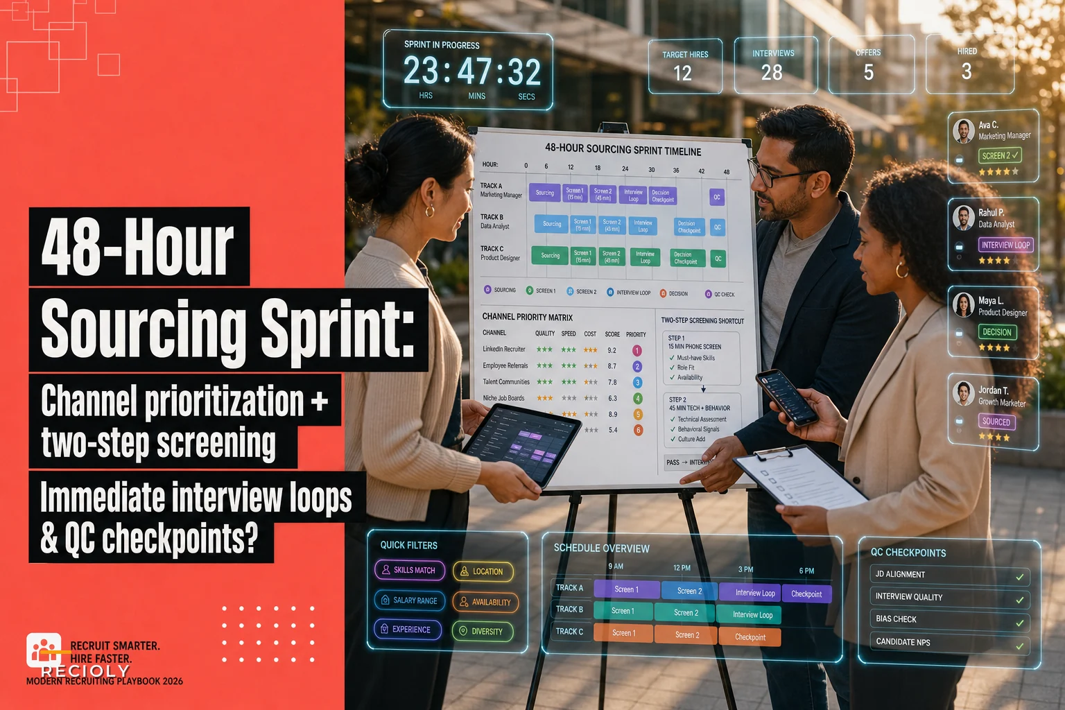 48-hour rapid sourcing playbook: channel prioritization, two-step screening, and immediate interview loops for mission-critical hires