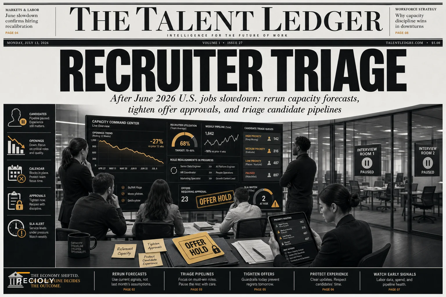 After the June jobs slowdown: reforecast recruiter capacity, triage priorities, and tighten offer workflows