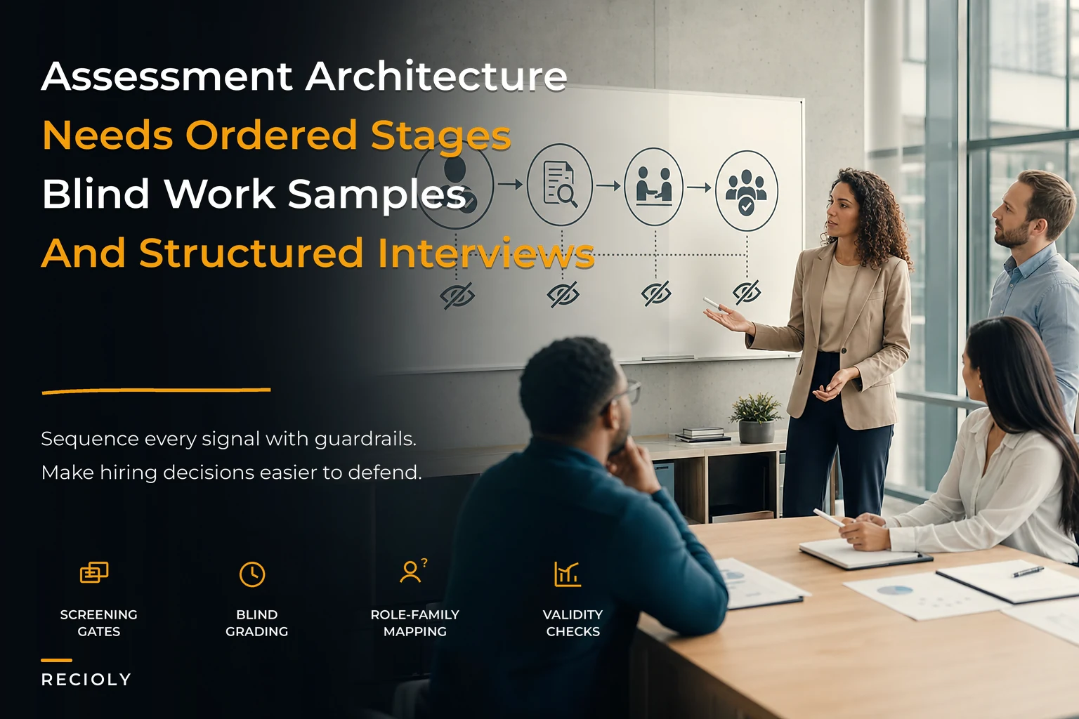 Assessment architecture that aligns screens, work samples, and interviews
