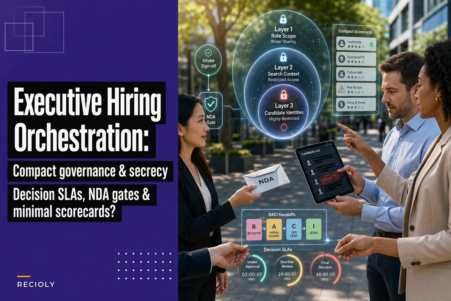 Executive hiring orchestration with compact governance and secrecy rules