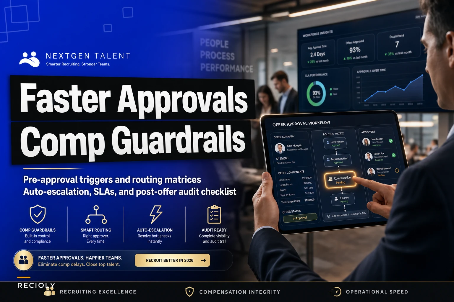 Offer approval workflow for compensation gates: pre-approvals, routing matrices, and auto-escalation to eliminate comp delays