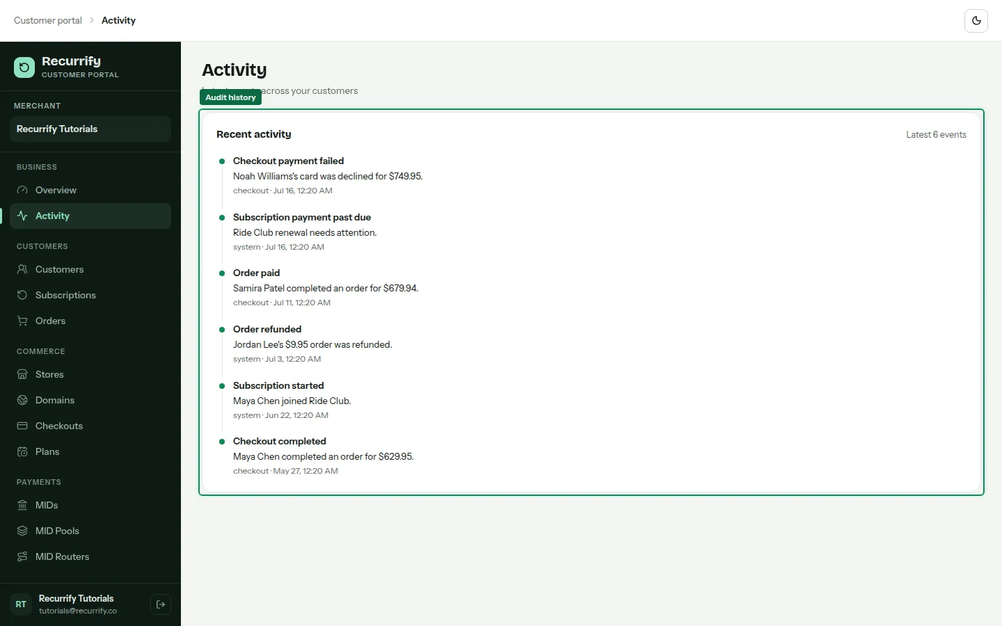 Activity page listing checkout, plan, router, and domain audit events