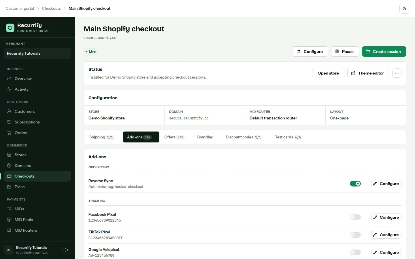 Checkout add-ons tab listing Reverse Sync and measurement integrations