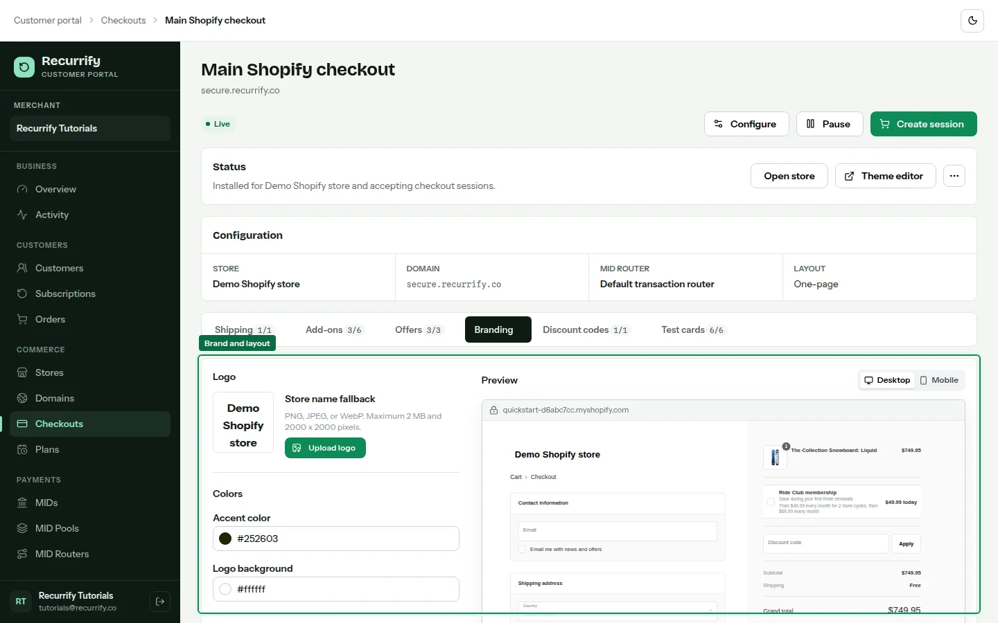 Checkout branding tab with logo, accent color, and live preview