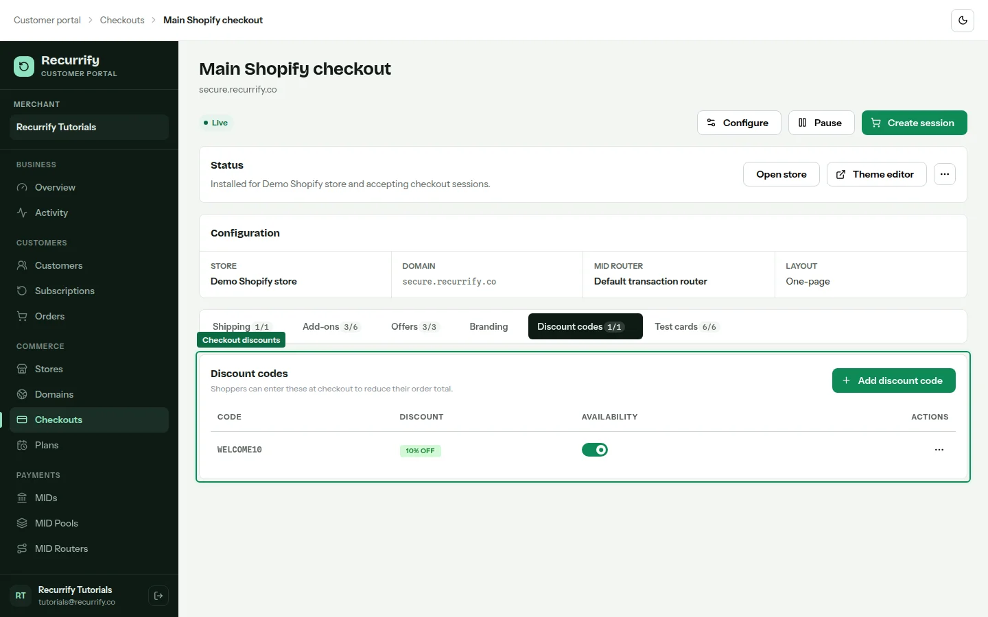 Checkout discount codes tab with an enabled percentage code