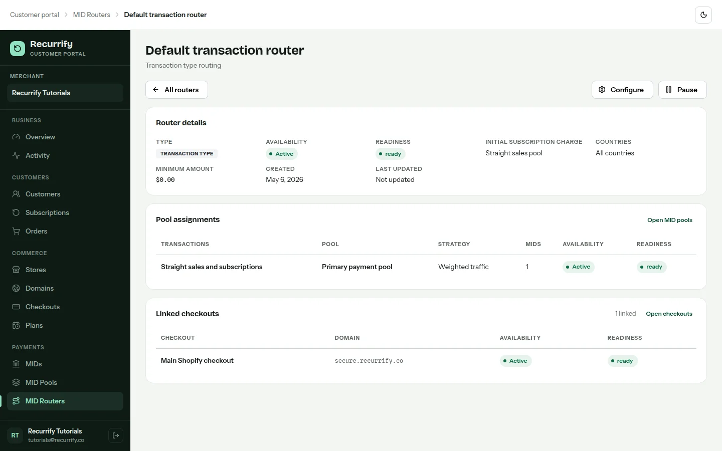 MID router detail page with transaction flow and linked checkouts
