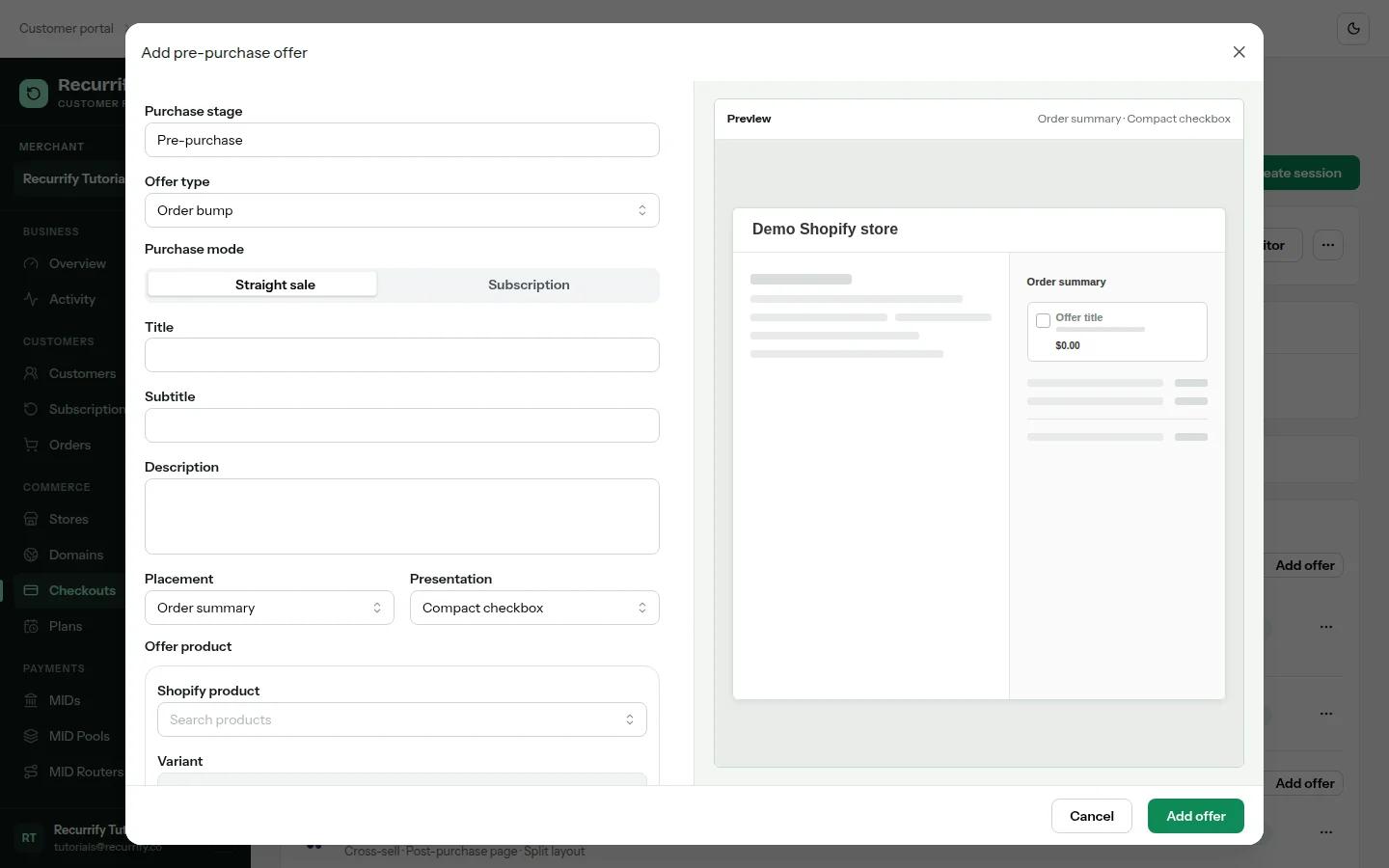Offer editor modal with a checkout-accurate product-card preview