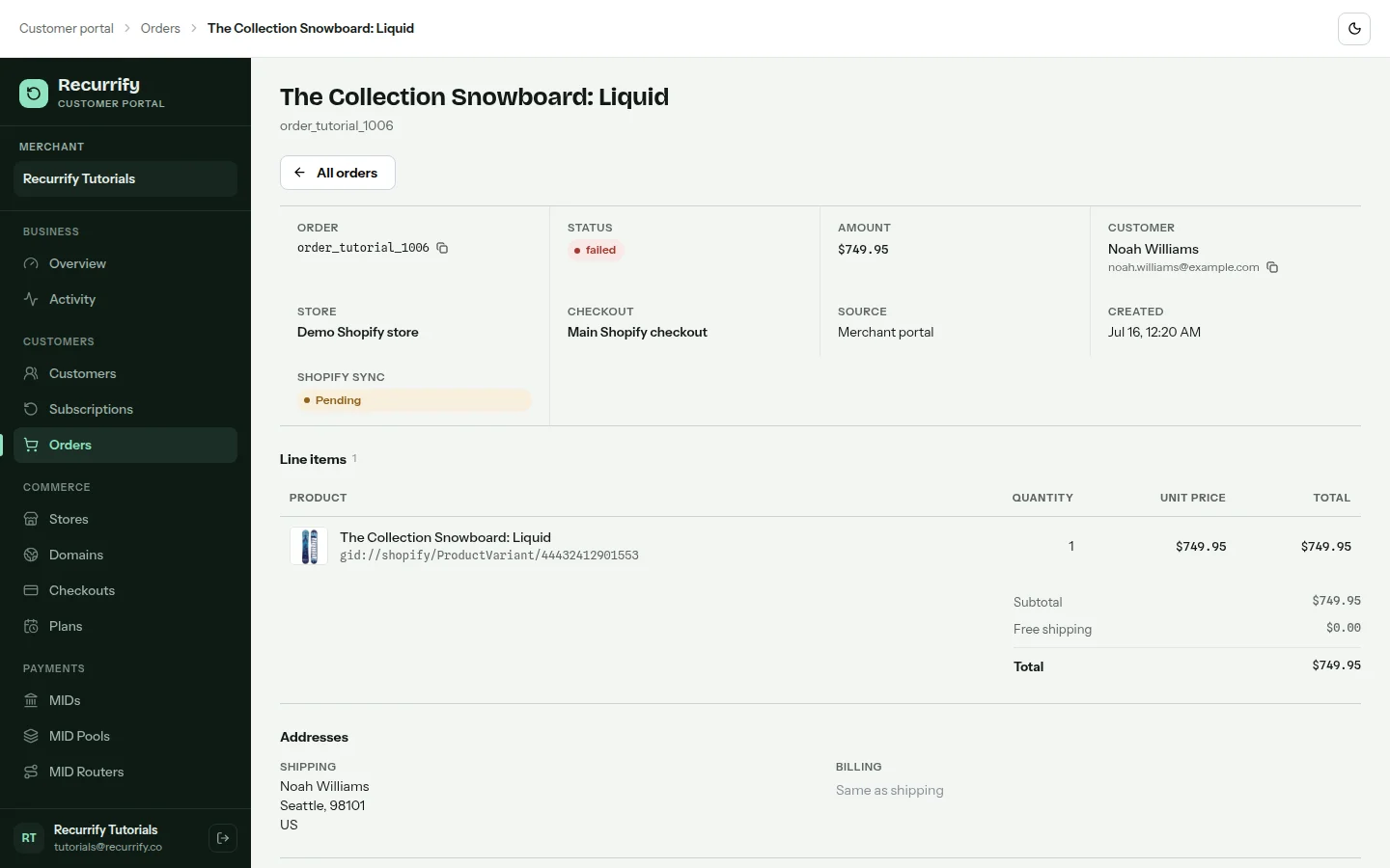 Order detail showing product image, customer, payment attempts, and routing