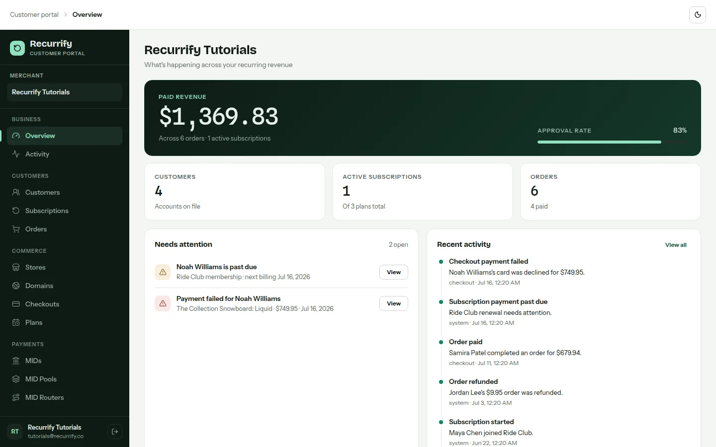 Merchant overview with customer, order, revenue, subscription, and approval metrics