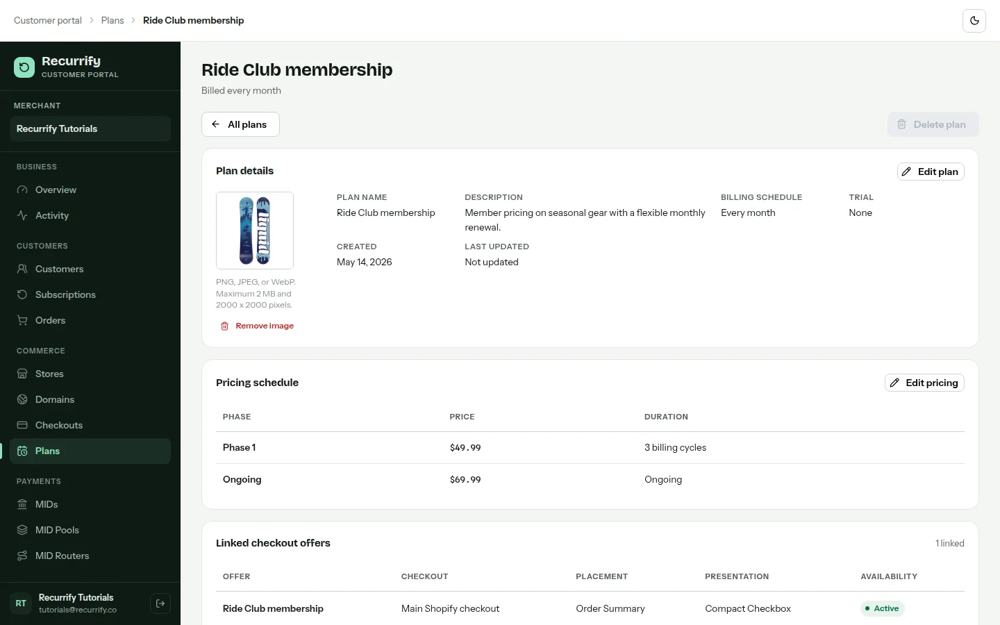 Subscription plan detail page with pricing timeline and image
