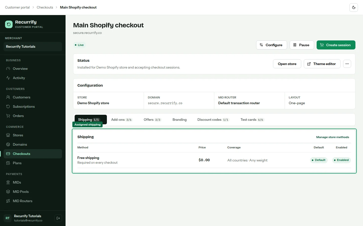Checkout shipping tab with free shipping selected as the default