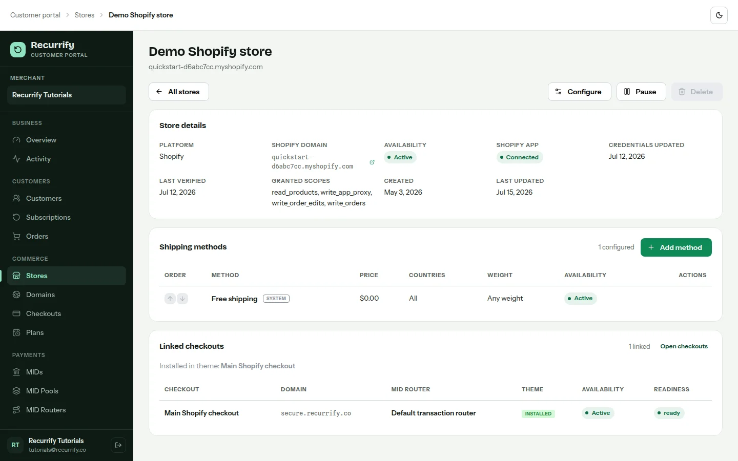 Shopify store detail page with connection status and app configuration
