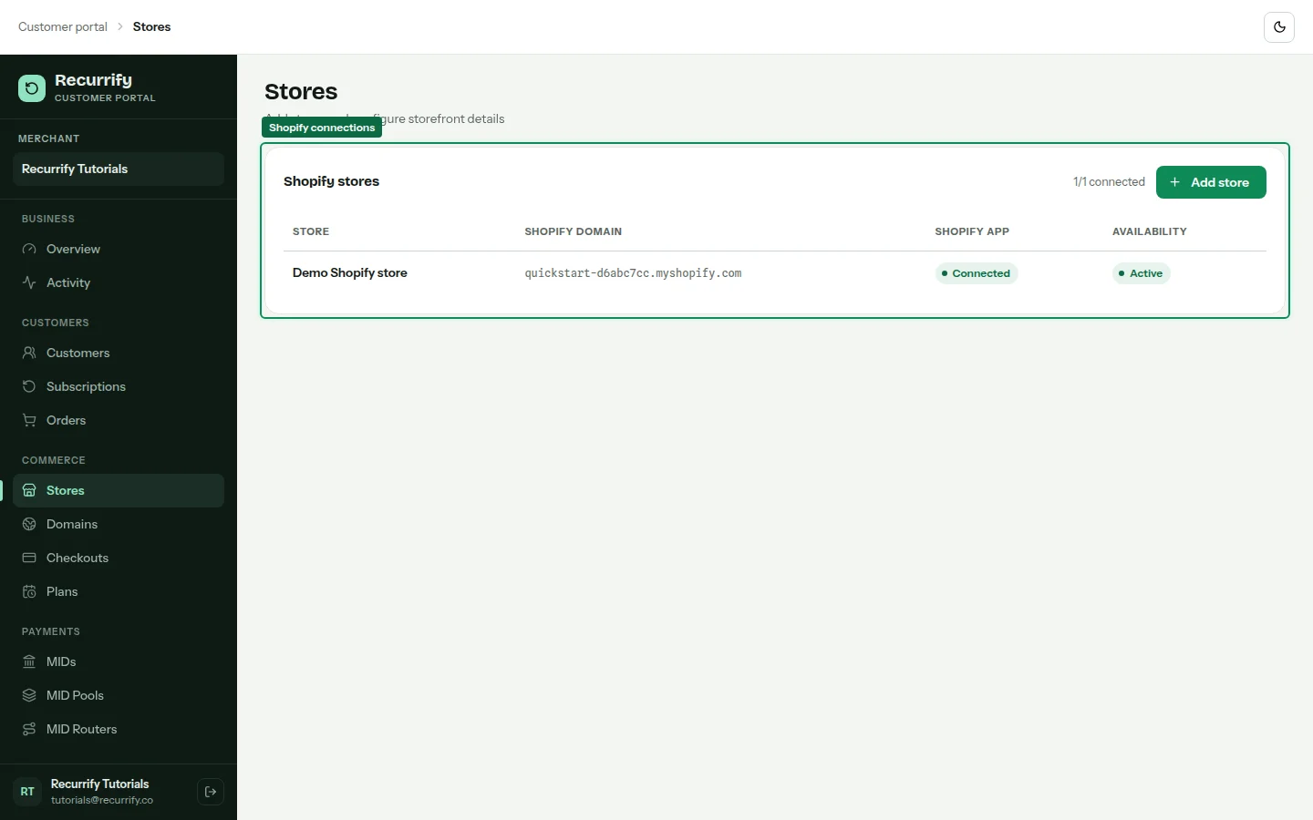 Stores page listing a connected Shopify store and its connection status