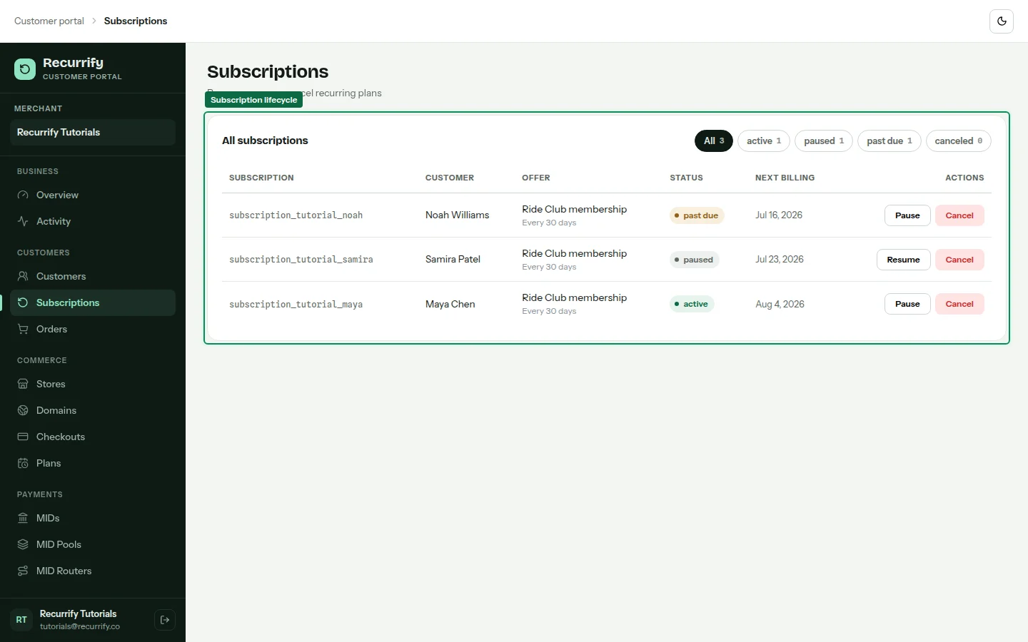 Subscriptions page with active, paused, and past-due records