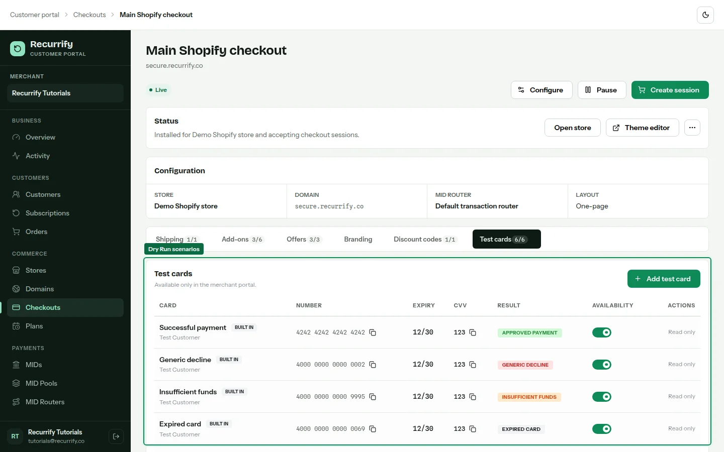 Checkout test cards tab listing six built-in payment outcomes
